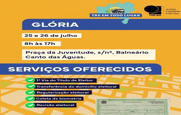  Projeto “TRE em Todo Lugar” chega a Glória nos dias 25 e 26 de julho com serviços gratuitos à população